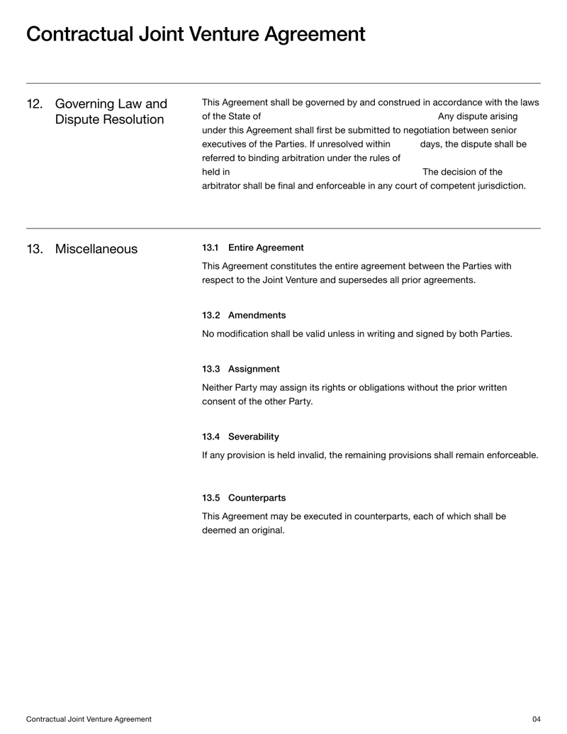 Contractual Joint Venture Agreement template defining roles, profit-sharing and governance terms
