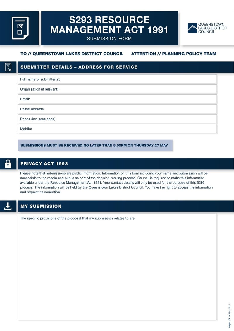 Large thumbnail of QLDC S293 Resource Management Act Submission Form - May 2021