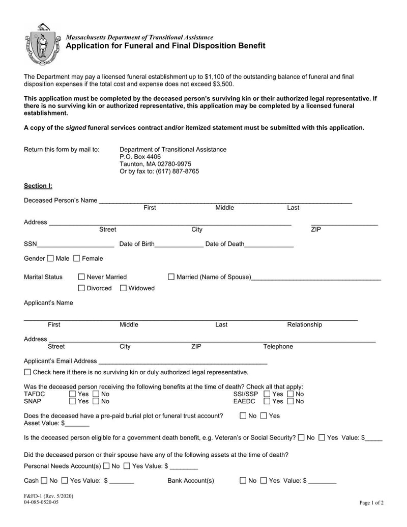 Large thumbnail of Application for Funeral and Final Disposition Benefit
