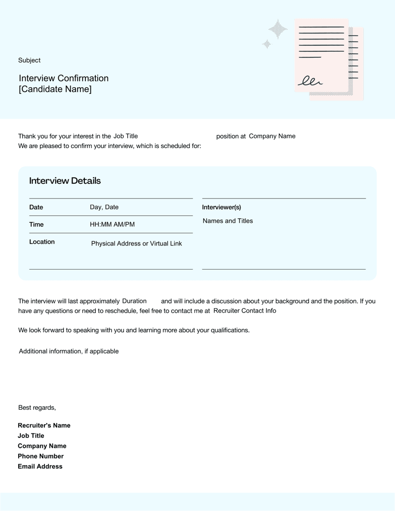 Interview Confirmation Email Template with fields for interview date, time, location, recruiter’s name and applicant’s contact details