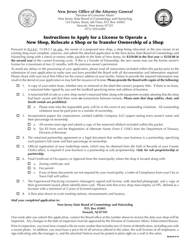 Large thumbnail of New Jersey Application for a License to Operate a New Shop, Relocate a Shop or to Transfer Ownership of a Shop