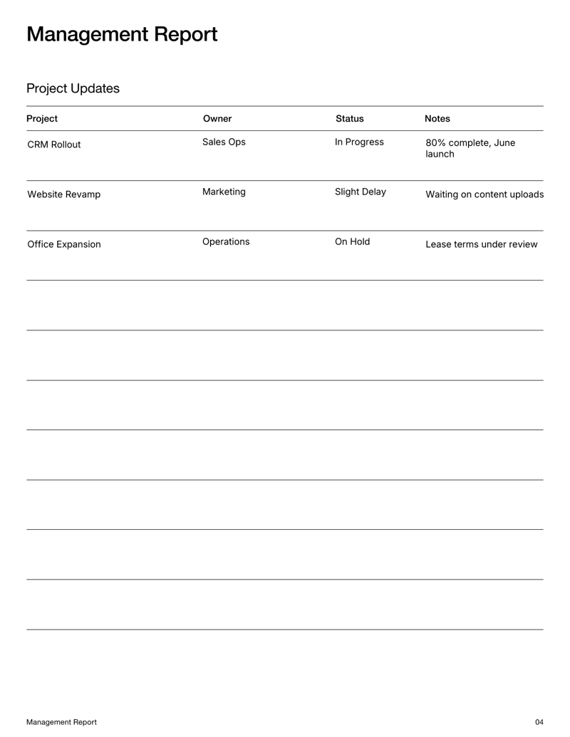 Management Report for summarizing business metrics, financials and departmental updates