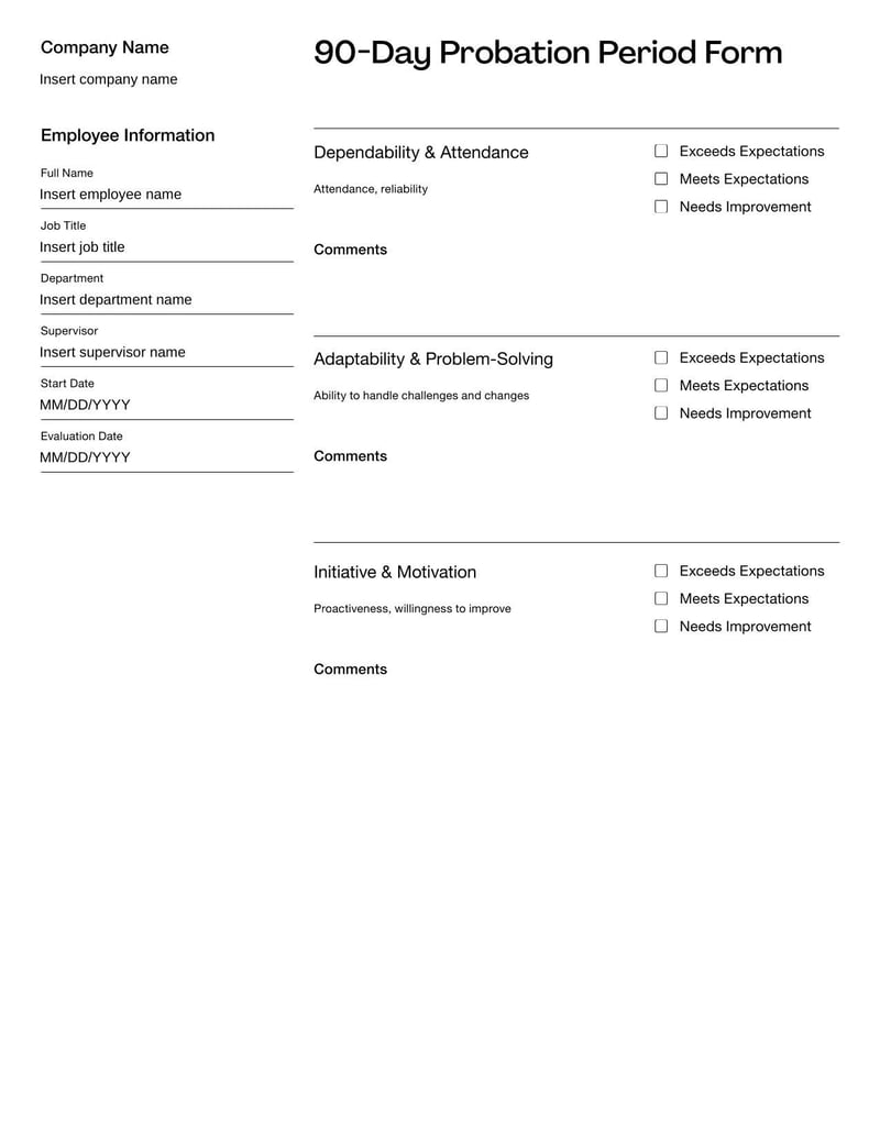 90 Day Probation Period Form | Fill and sign online with Lumin for Free Printable 90 Day Evaluation Form