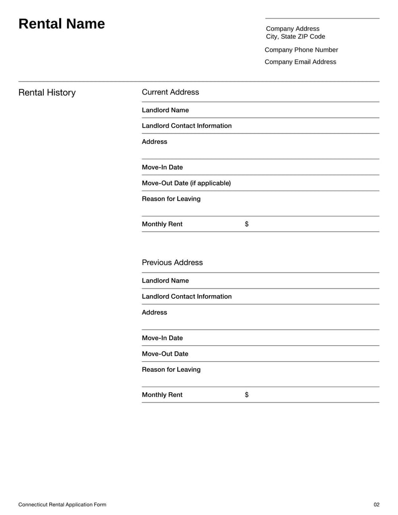 Rental Application Form CT for screening prospective tenants in Connecticut and collecting rental history details