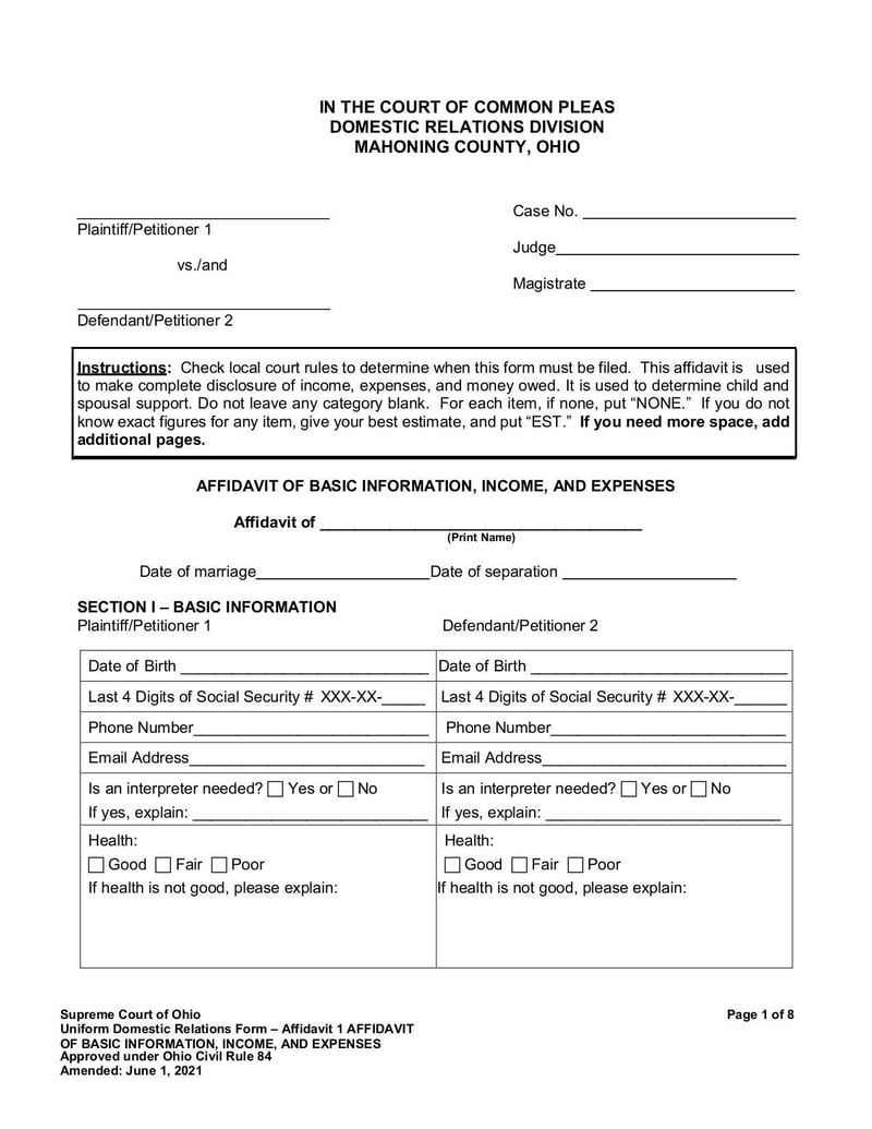 Large thumbnail of Affidavit 1 of Basic Information, Income, and Expenses - Jul 2021