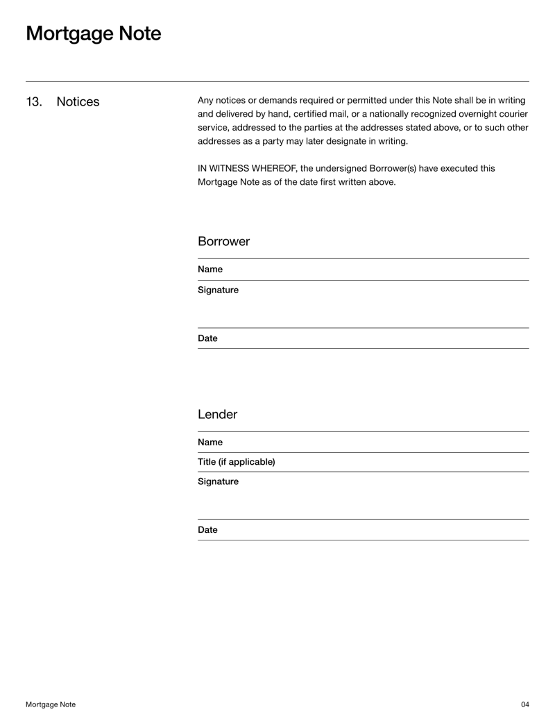Mortgage Note Template outlining loan terms, interest rate and repayment schedule