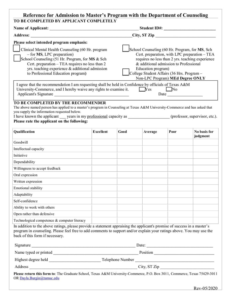 Thumbnail of Master's Counseling Reference Form - May 2020 - page 0