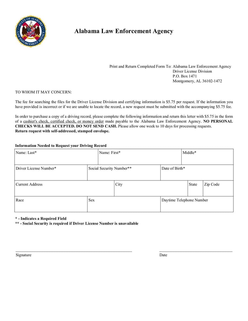 Large thumbnail of Alabama Driver Record Request Form - Aug 2015