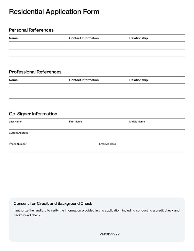 Residential Application Form for tenants applying to rent a property