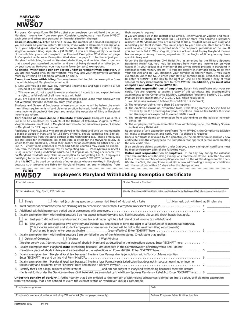 Large thumbnail of MD Withholding Form MW507 - Jan 2019