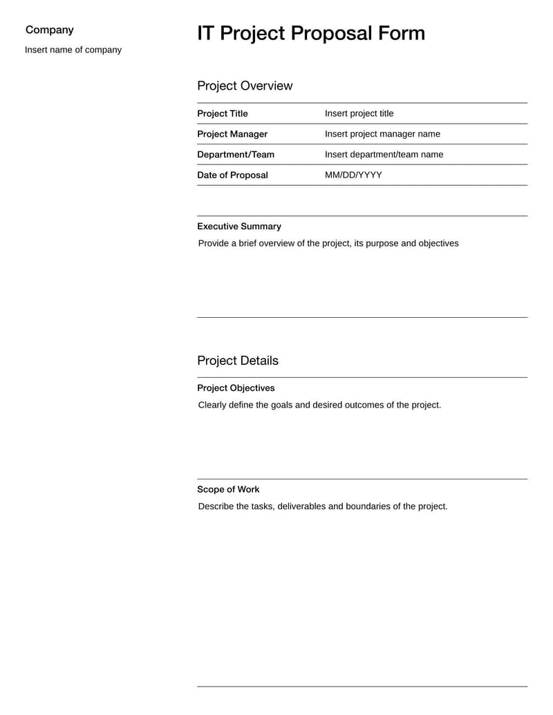 IT Project Proposal Form for outlining new tech project plans