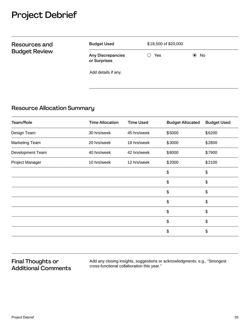 Project Debrief Template for reviewing project outcomes, identifying successes and pinpointing areas for improvement