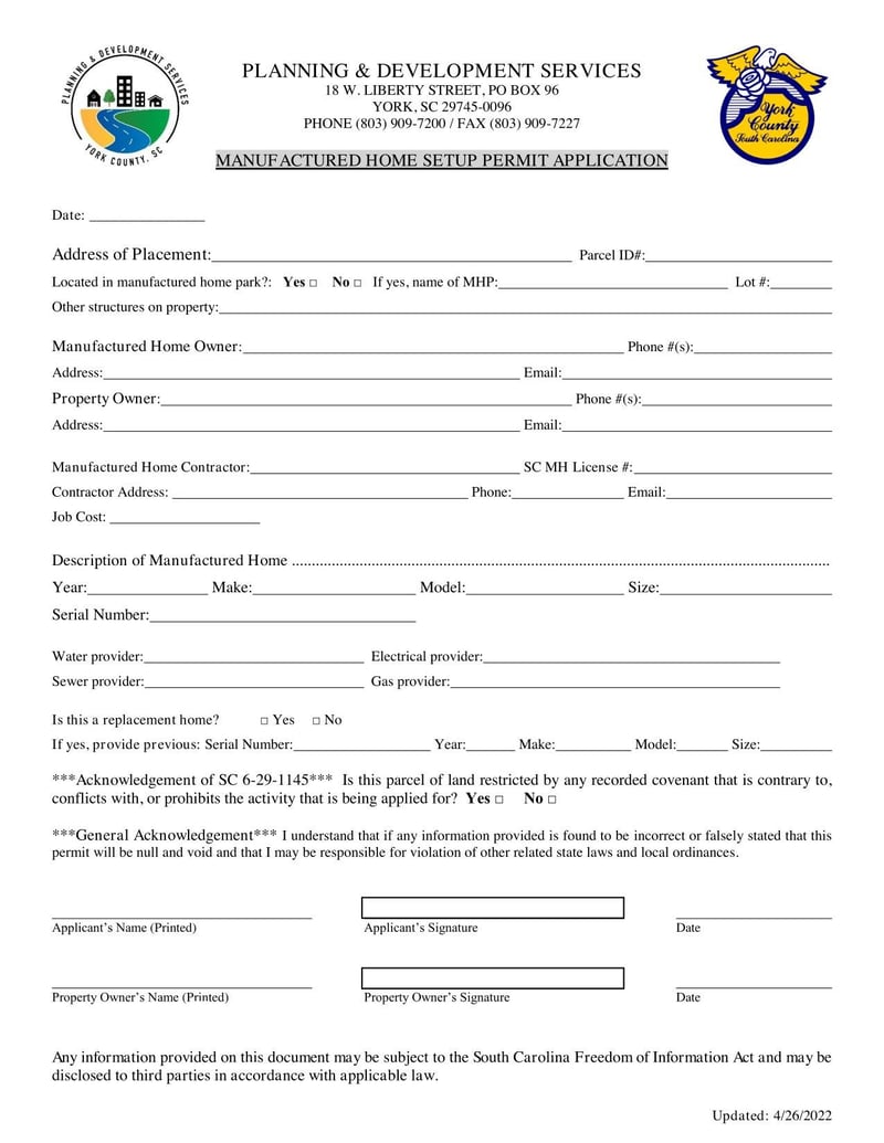 Large thumbnail of York County Manufactured Home Setup Permit Application