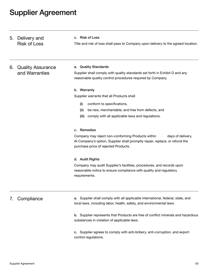 Supplier Agreement template detailing supply terms, pricing, warranties and dispute resolution