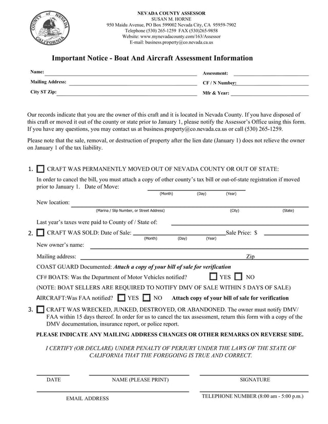 Nevada Boat and Aircraft Assessment Information | Fill and sign with Lumin