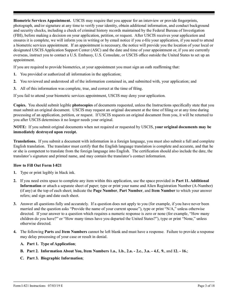 Large thumbnail of Instructions for Form I-821 - Jul 2019