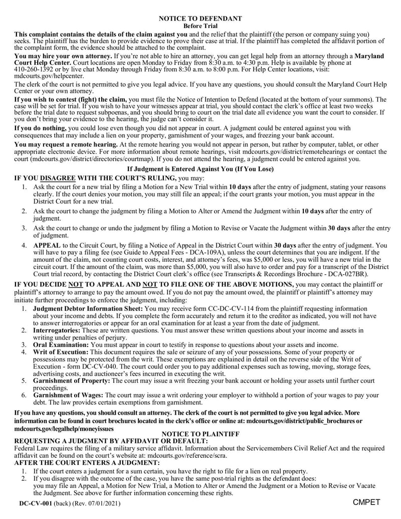 Large thumbnail of Complaint/Application and Affidavit in Support of Judgment (Form DC-CV-001) - Jun 2021