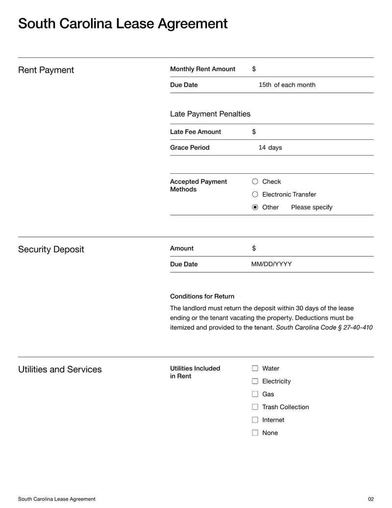 Large thumbnail of South Carolina Lease Agreement Template