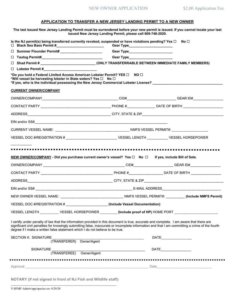 Large thumbnail of Application to Transfer a New Jersey Landing Permit to a New Owner