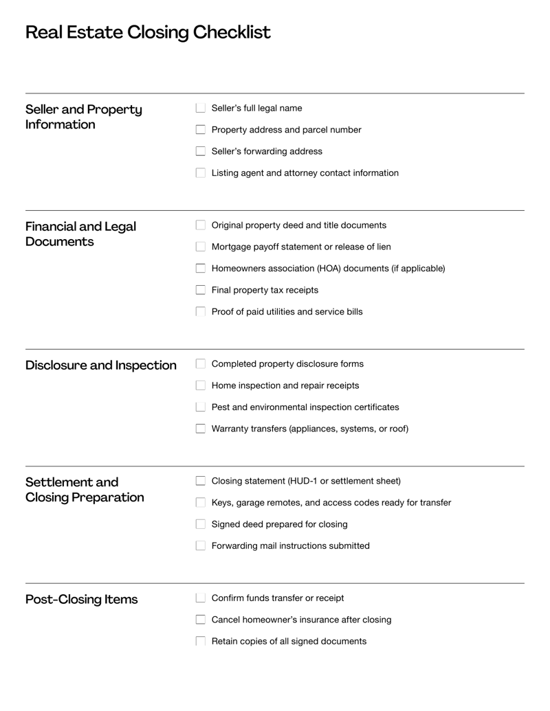 Real Estate Closing Checklist for Seller with sections for legal documents, disclosure forms and settlement preparation