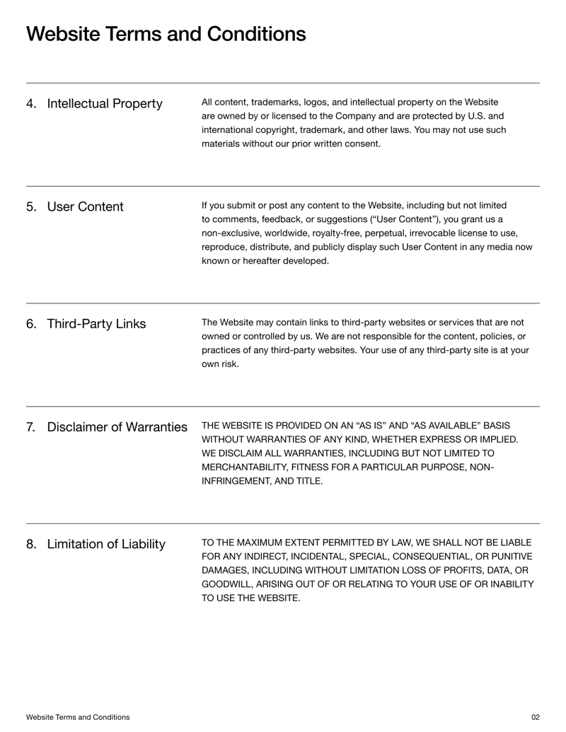 Website Terms and Conditions Template covering rules for site use, intellectual property and liability limits