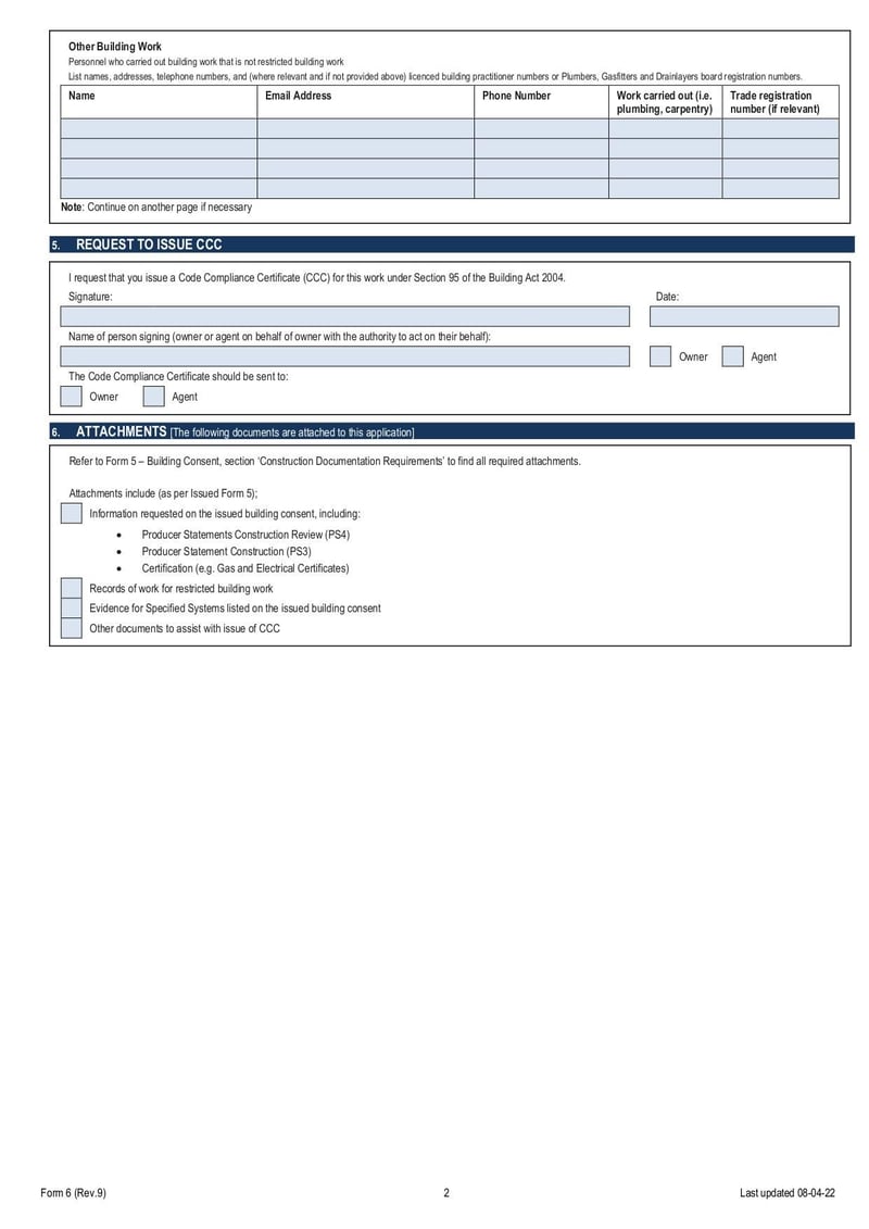 Thumbnail of Form 6: Application for Code Compliance Certificate - Apr 2023 - page 1