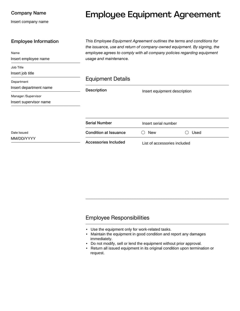 Employee Equipment Agreement outlining terms for the use and responsibility of company-issued equipment