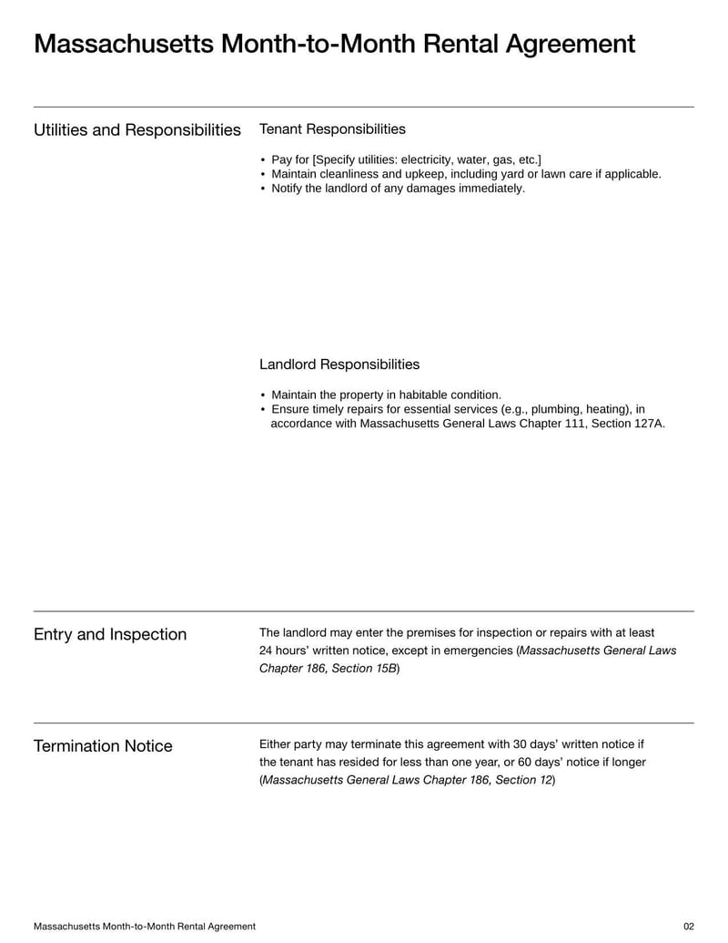 Massachusetts Month-to-Month Rental Agreement for outlining flexible lease terms, rent payments, security deposits, and termination procedures