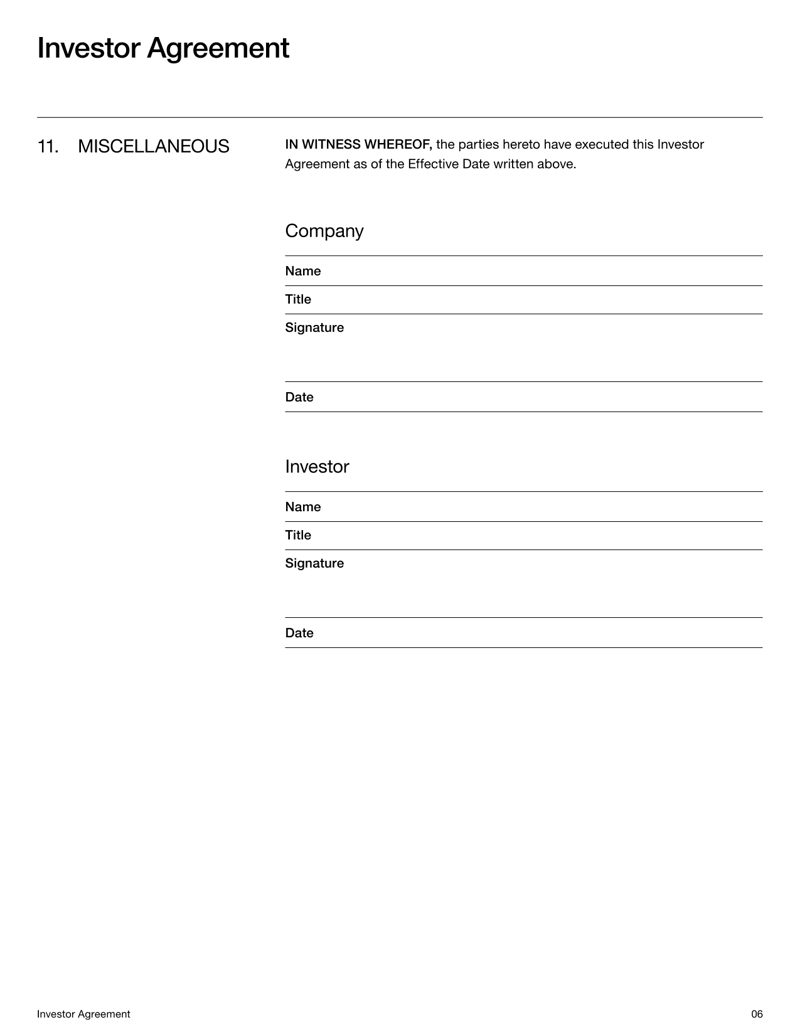 Investor Agreement template detailing investment terms, ownership rights and share transfer conditions