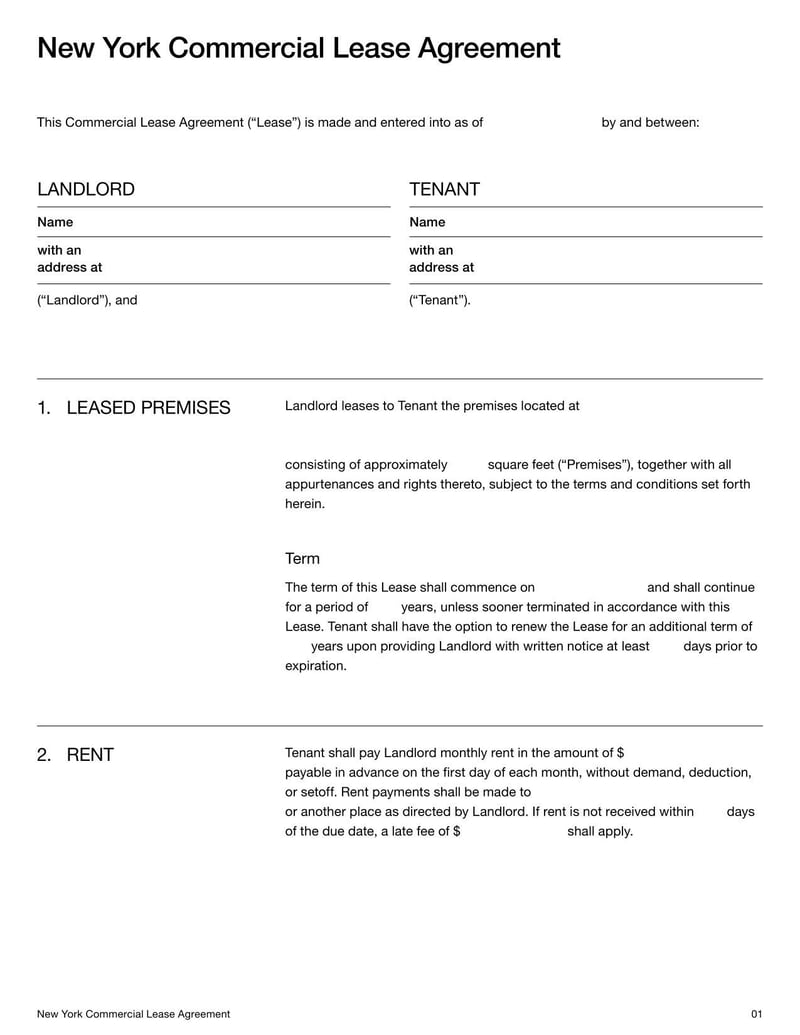New York Commercial Lease Agreement for outlining rental terms, permitted use, and obligations for commercial properties in New York