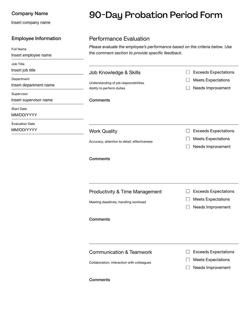 90 Day Probation Period evaluating new hires' performance and fit within the company