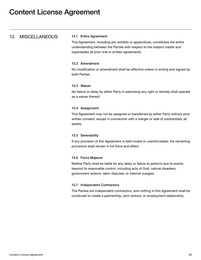Content License Agreement detailing usage terms, rights and restrictions for licensed creative works