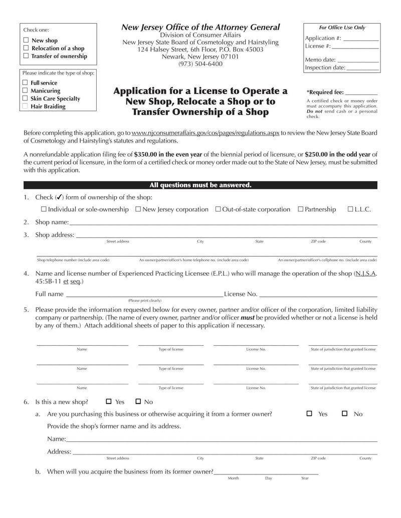 Large thumbnail of New Jersey Application for a License to Operate a New Shop, Relocate a Shop or to Transfer Ownership of a Shop