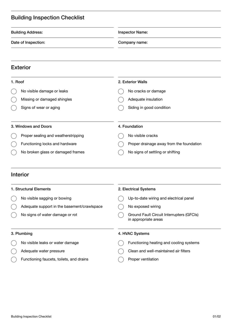 Building Inspection Checklist itemizing structural and safety evaluations during property assessments