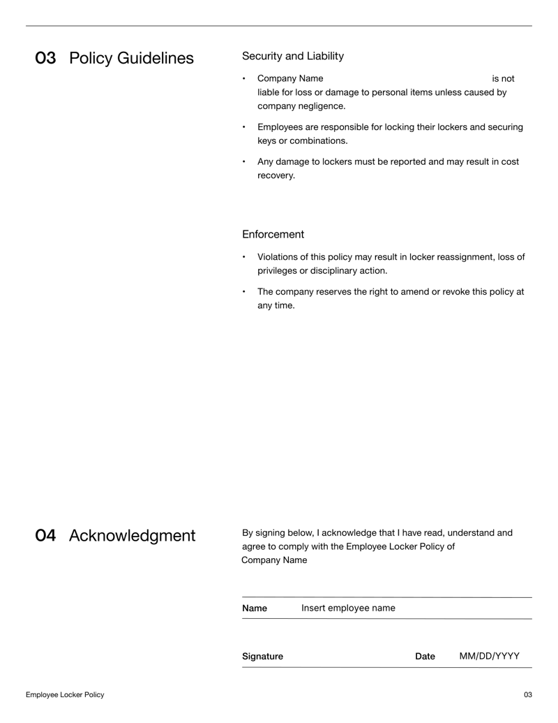 Employee Locker Policy document outlining locker assignment, permitted use, inspections, maintenance, security and acknowledgement