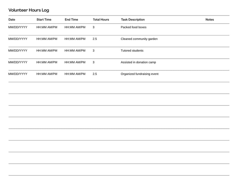 Volunteer Hours Tracking Sheet for recording and organizing volunteer time contributions by individuals or groups