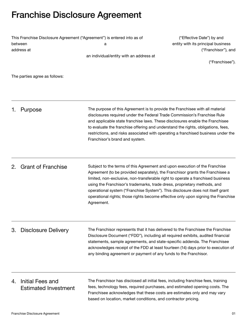 Franchise Disclosure Agreement Template confirming FDD receipt, franchisee acknowledgment, and compliance with FTC franchise rules