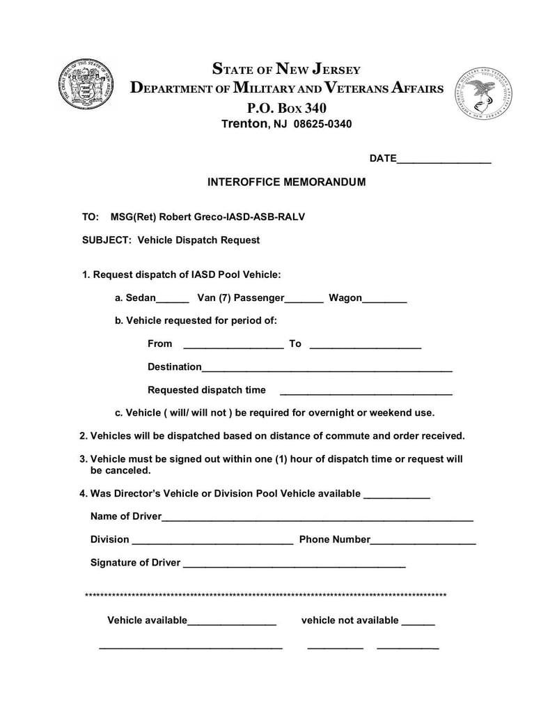 Large thumbnail of Vehicle Dispatch Request Form - Mar 2014