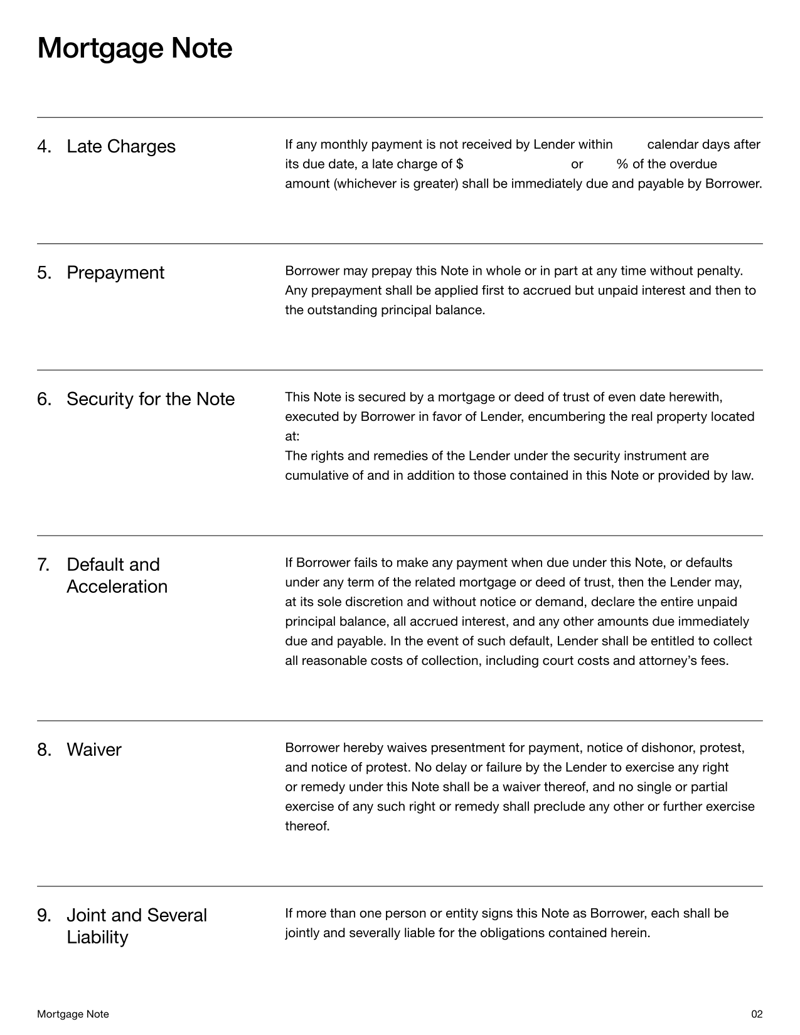Mortgage Note Template outlining loan terms, interest rate and repayment schedule