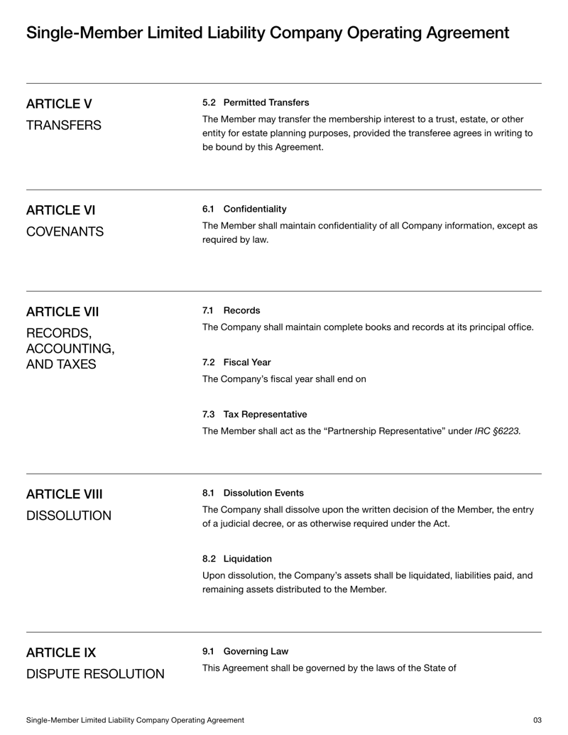 Single-Member LLC Operating Agreement for sole proprietors forming a limited liability company
