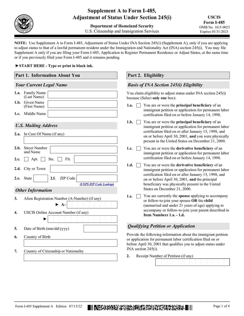 Large thumbnail of Form I-485 Supplement A - Feb 2023
