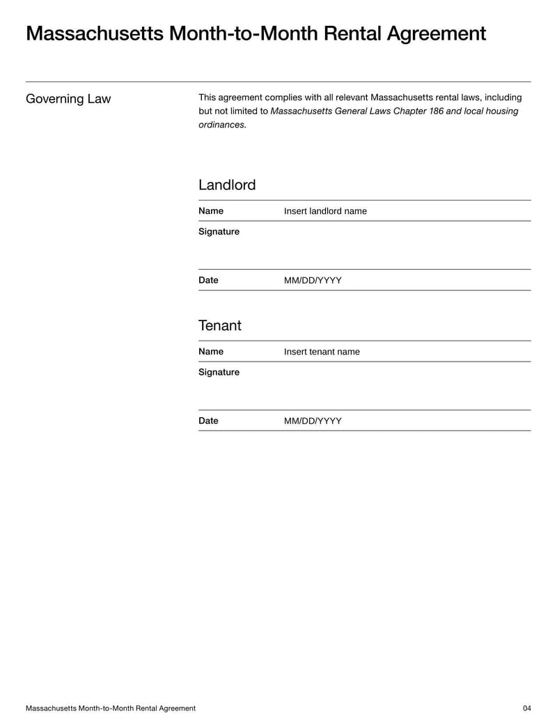 Massachusetts Month-to-Month Rental Agreement for outlining flexible lease terms, rent payments, security deposits, and termination procedures