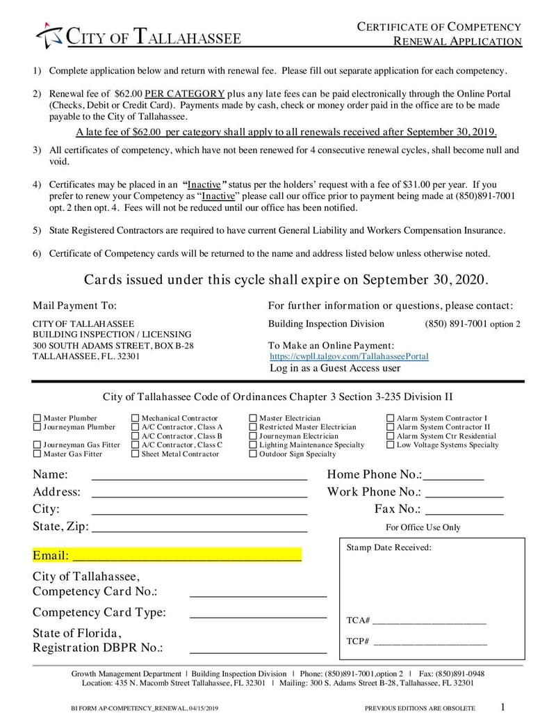 Large thumbnail of Certificate of Competency Renewal Application Form - Apr 2019
