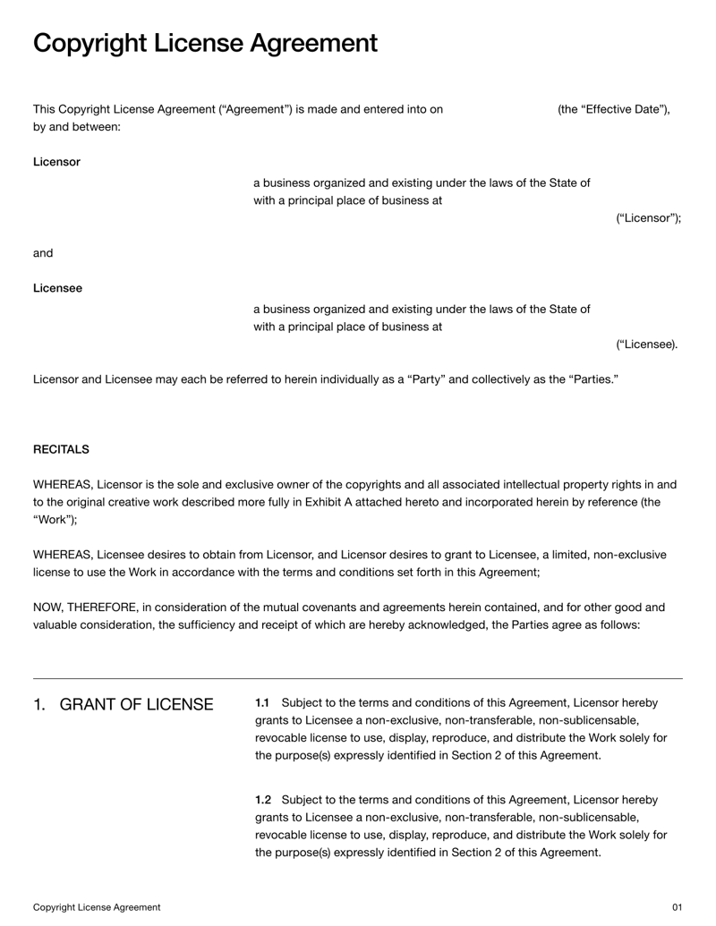 Copyright License Agreement detailing license scope, fees and intellectual property terms