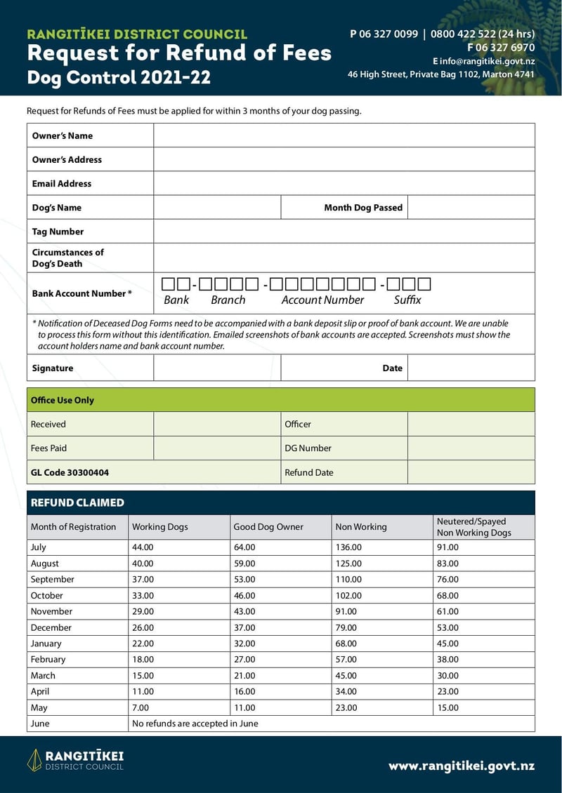 Large thumbnail of Request for Refund of Fees Dog Control Form - Aug 2021