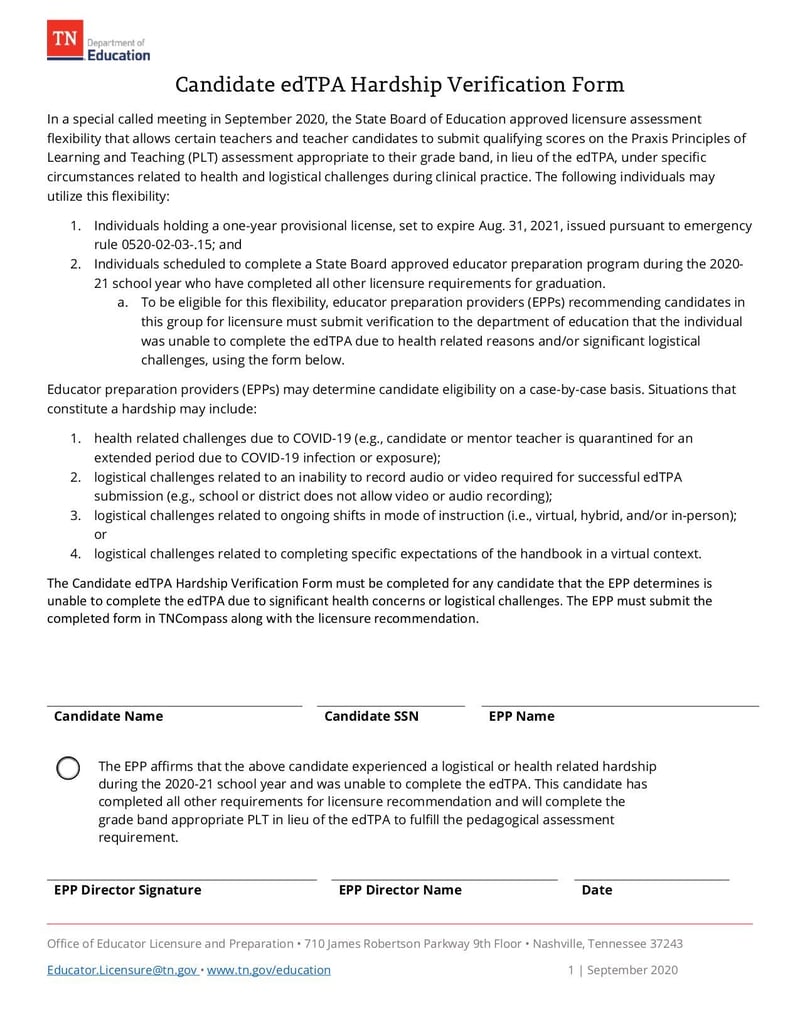 Large thumbnail of Candidate EdTPA Hardship Verification Form - Sep 2020