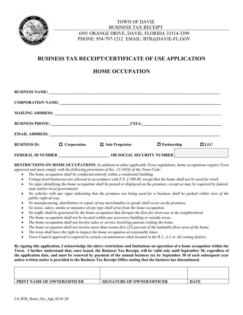 Large thumbnail of Davie Home Occupation Business Tax Receipt Application (2020)