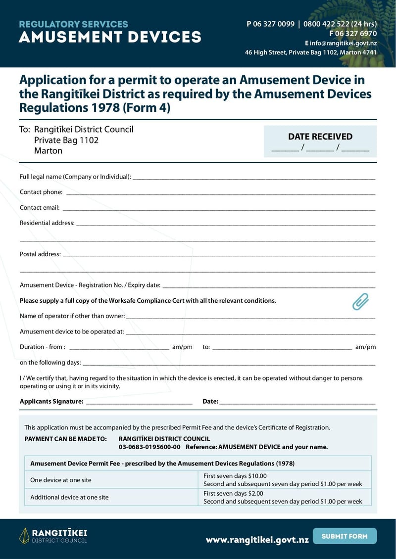 Large thumbnail of Form 4 Application for a Permit to Operate an Amusement Device in the Rangitīkei District - Feb 2020