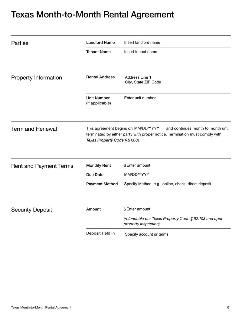 Texas Month-to-Month Rental Agreement template for defining lease terms, rent payments, and tenant-landlord responsibilities