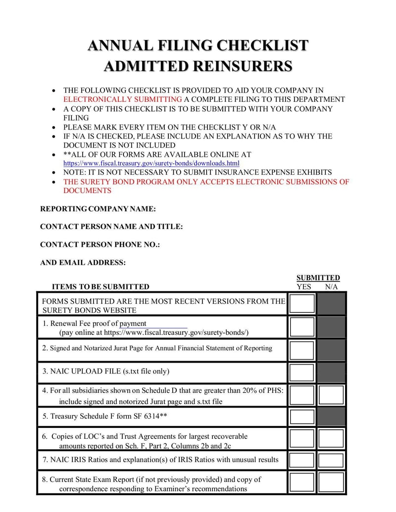 Large thumbnail of Annual Filing Checklist Admitted Reinsure Form - Dec 2021